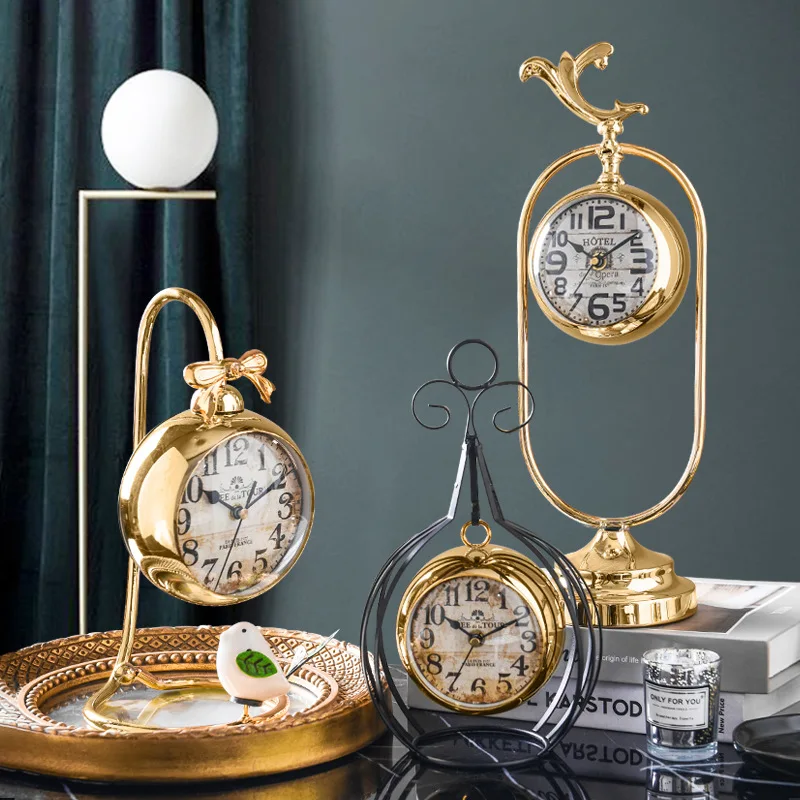 

European Golden Retro Clock Bedroom Luxury Metal Alarm Clock Creative Table Clock Ornament for Home Decoration Crafts