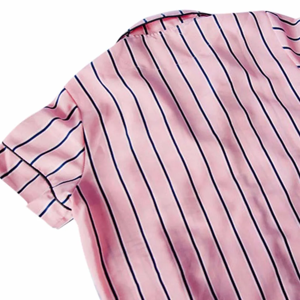 

Women Pajamas Casual Turn-down Collar Sleepwear 2 Two Piece Set Shirt+Shorts Striped 2020