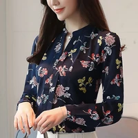 new v neck chiffon blouses slim women long sleeve floral womens tops and blouses autumn fashion office work wear shirts z0001