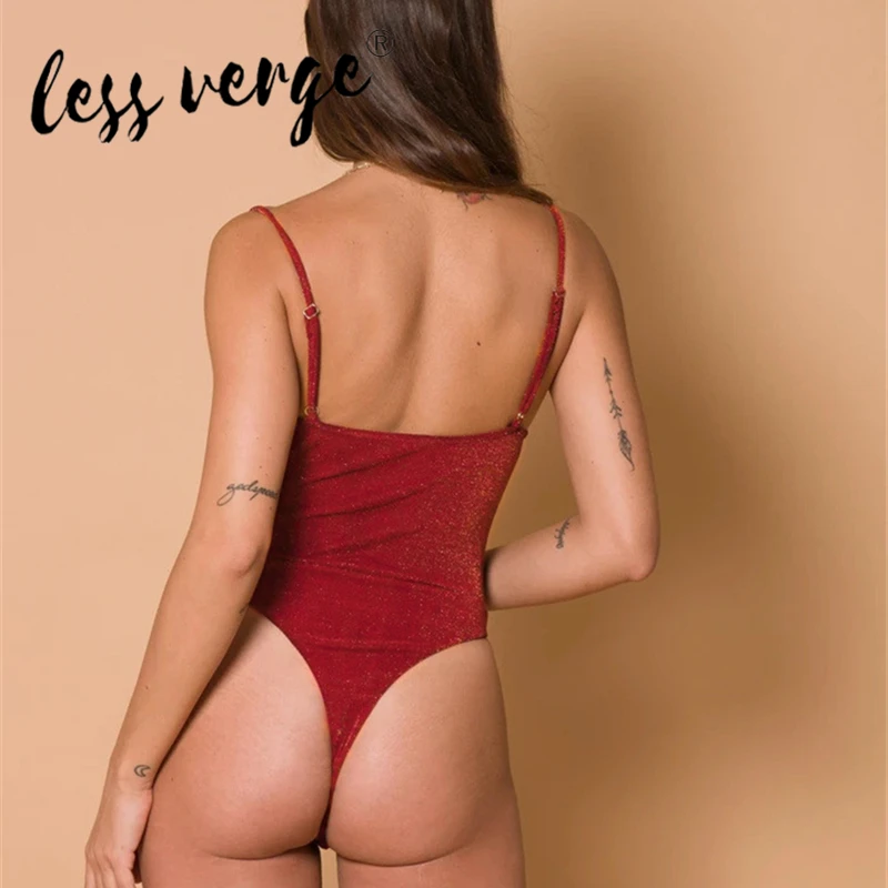Lessverge Sexy Strap Sparkly Bodysuit Women Low Collar Backless Pure Color Bodycon Romper 2020 Spring Female Jumpsuit | Женская одежда