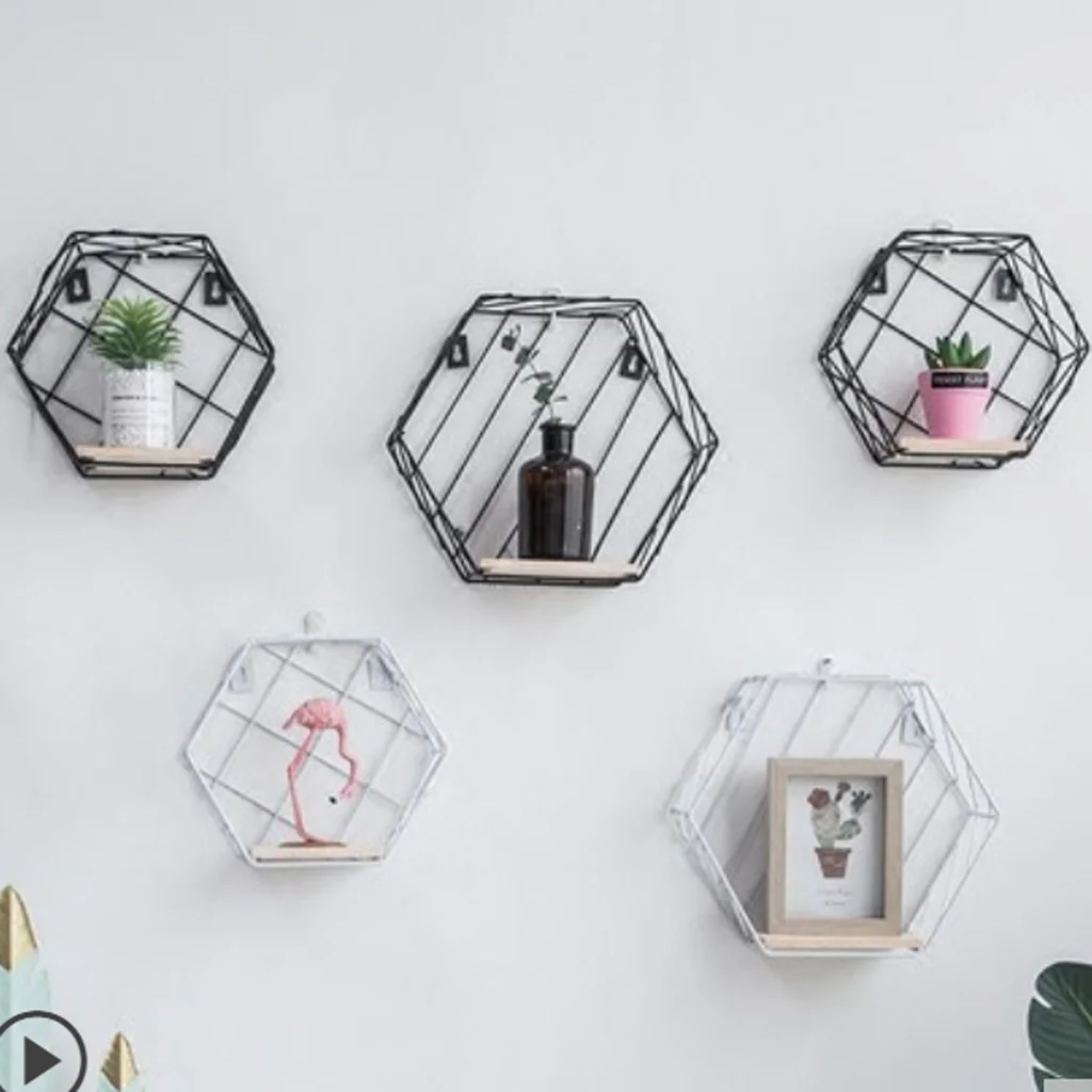 Металлическая железная Шестигранная настенная полка книжная стеллаж для