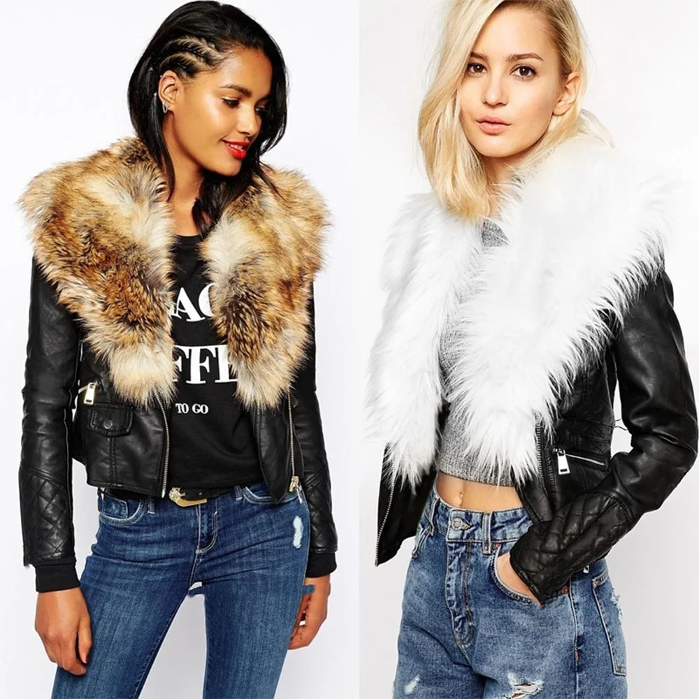 Women's Winter New Style Artificial Fur Lapel PU Leather Fashion Skinny Short Plus Size Zipper Motorcycle Leather Jacket