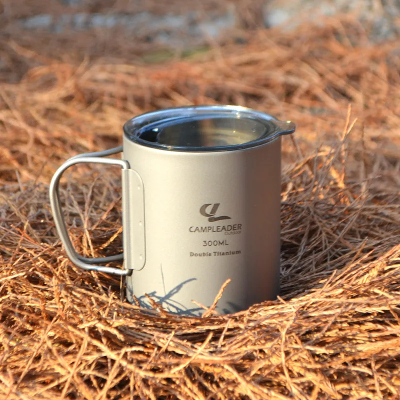 

Outdoor Camping Cup Portable Folding Drinking Cup Titanium Boiling Pure Water Cup 300ml Double Layer Picnic Equipment With Cover