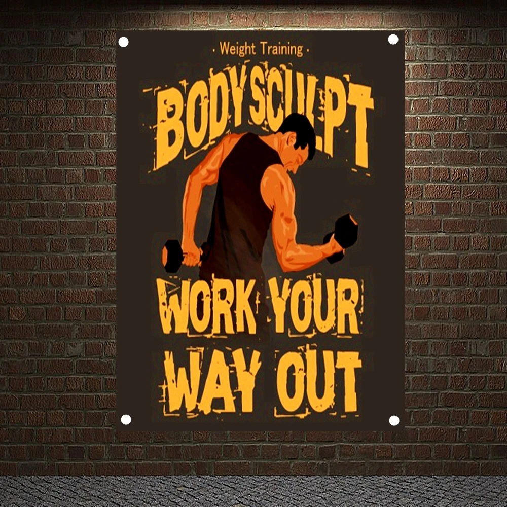 

BODY SCULPY WORK YOUR WAY OUT Exercise Fitness Banners Flags Bodybuilding Sports Inspirational Posters Gym Decor Wall Hanging