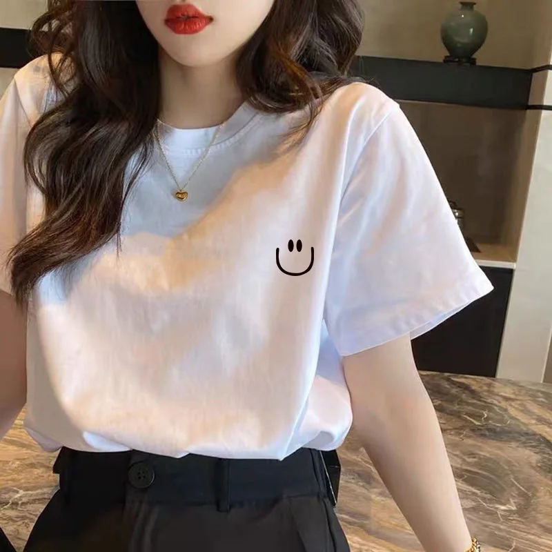 

Summer white short sleeve t-shirt women loose new cotton bottoming round neck top pulovers harajuku oversized white Kawaii crop