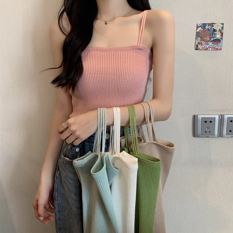

Women Summer Camis Tops New Arrival 2021 Korean Style Solid Color All-match Spaghetti Strap Ladies Elastic Sexy Tank Tops T001