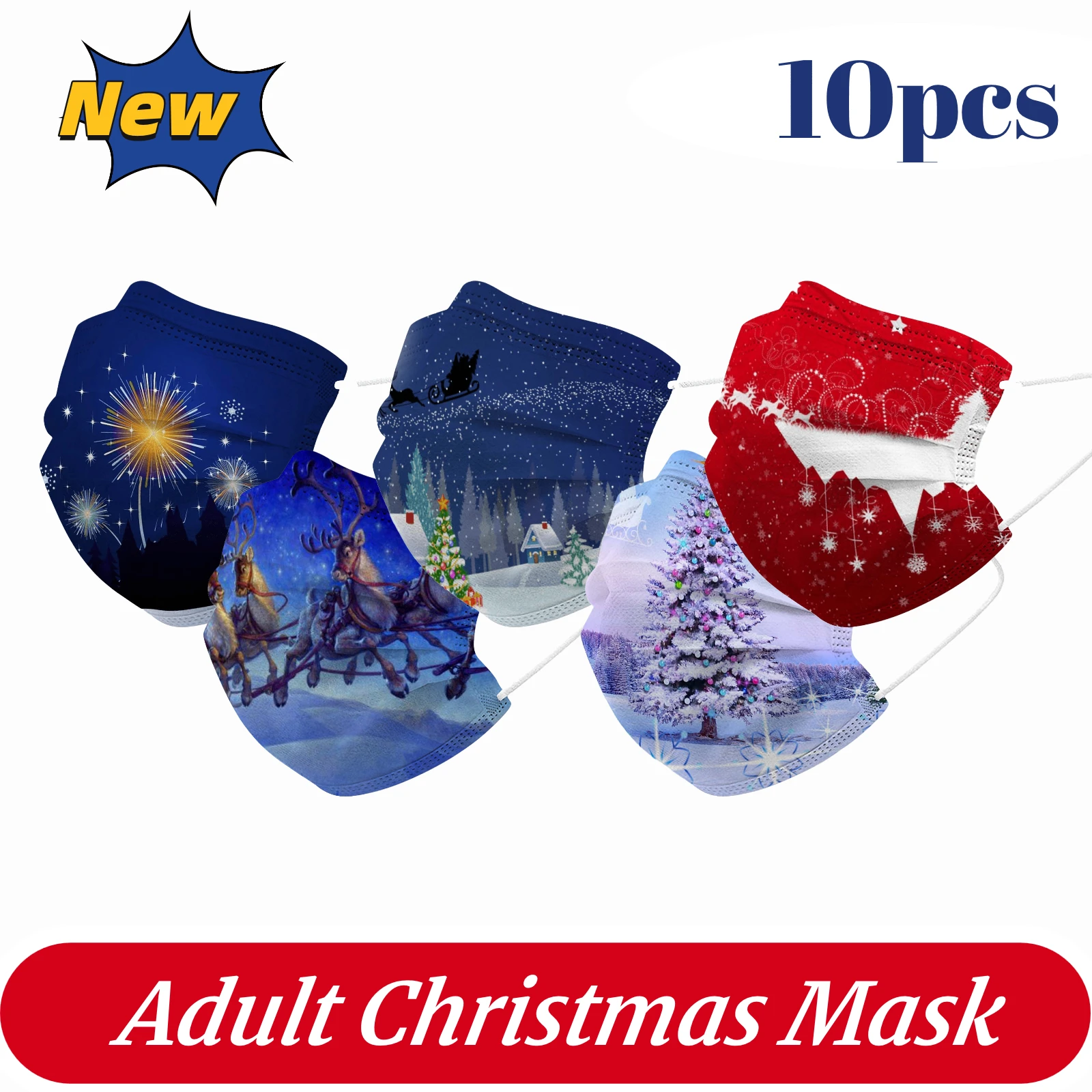 Маски рождественские одноразовые модные для взрослых (10 штук) защиты трехслойные дышащие маскариллас косплей на Рождество navidad masque on.