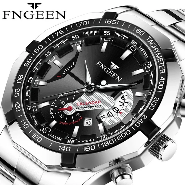 FNGEEN Luxury Men's Watches Stainless Steel Band Fashion Waterproof Quartz Watch For Man Calendar Male Clock Reloj Hombre S001 2