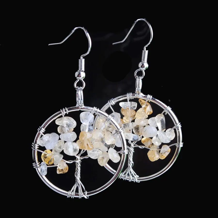 

WOJIAER Tree of Life Ear Dangle Drop Earrings for Women Round Shape Natural Stone Chip Beads Reiki Healing Jewelry PBR800
