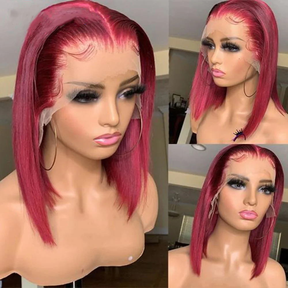 

Красный парик из человеческих волос на сетке спереди, короткий прямой парик Боб, бразильский бордовый 99J парик на сетке спереди для женщин, п...