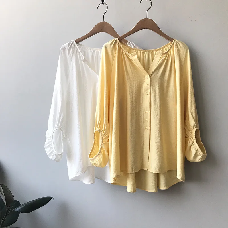 Летняя Новинка 2019 Повседневная рубашка с длинным рукавом свободная однотонная