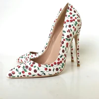 women thin high heel pumps shoes with fruit print leather shoes female pointed toe party or office pump shoes