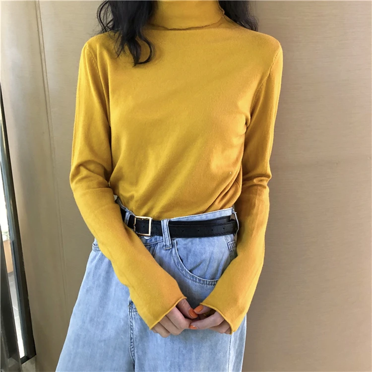 

Turtleneck Knitted Solid Women Sweater And Pullovers Long-Sleeved Loose All Match Female Buttoming Pulls Tops
