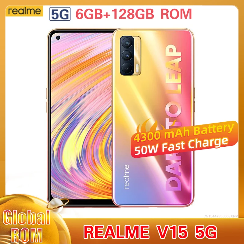 

Original Realme V15 5G Mobile Phone 50W Super Charger 6.4" AMOLED 64.0MP 6GB RAM 128GB ROM MTK 800U 4300mAh Mobile Phone HD Cam