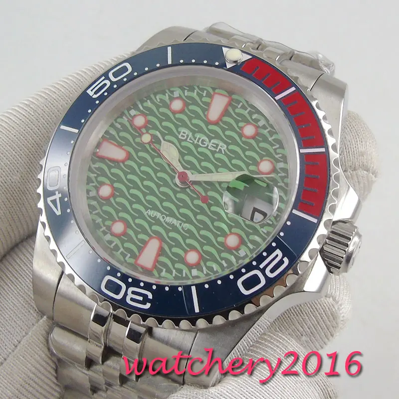 

40mm BLIGER green dial ceramic bezel jubilee Sapphire date automatic men's Watch