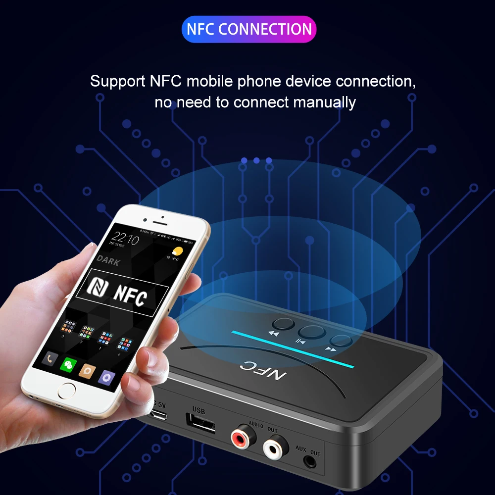 Kebidu Bluetooth NFC 5 0 приемник A2DP AUX 3 мм RCA Jack USB Smart Playback стерео аудио беспроводной адаптер