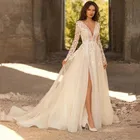 Кружевное свадебное платье с длинным рукавом, 2021 Тюлевое свадебное платье с глубоким V-образным вырезом, свадебное платье-трапеция с высоким разрезом, свадебное платье, халат с открытой спиной