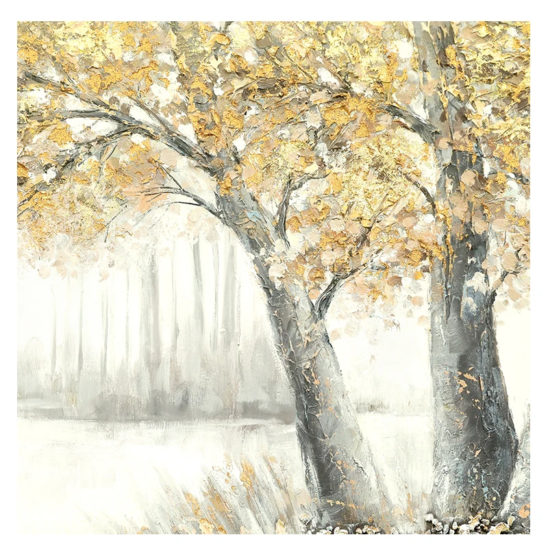 

100% Handpainted Landscape Oil Painting Abstract Autumn Yellow Tree Wall Art Picture With Foil Canvas For Home Living Room Decor