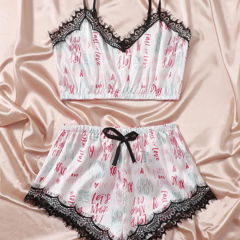 

Women Sexy Two-piece Pajamas Set White Letters Printed Pattern V-neck Tops and Shorts, S/ M/ L/ XL