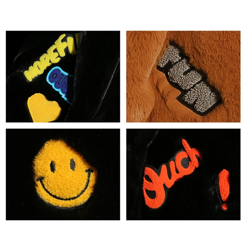 

High 2021 Winter Women Jacket Imitation Fur Thick Long Parka Embroidered Badge Plush Outerwear Female Wool Ladies Coat Cardigan