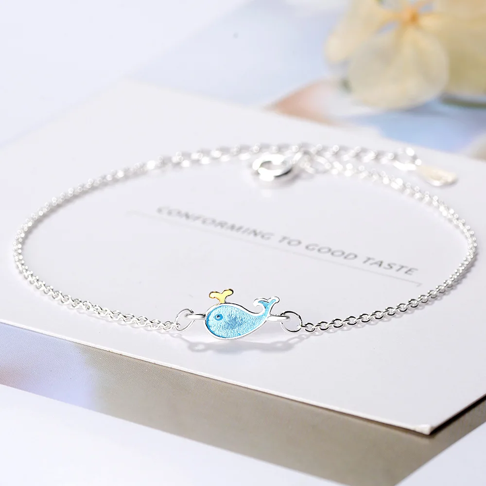 Милый маленький кит синий Дельфин 925 Стерлинговое Серебро Браслеты для женщин