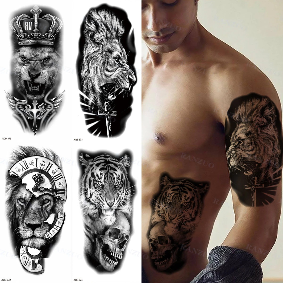 Tatuaje temporal a prueba de agua para hombre y mujer, tatuaje de Arte de Tigre, León, Lobo, rosa, brazo, Hipster 1