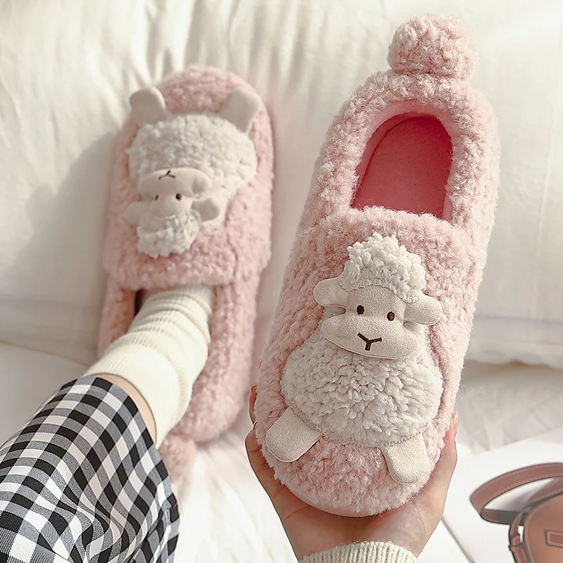 Plush Sheep Cartoon Cotton Slippers Wrapped Root Winter Ladies Non-slip hick Bottom Warm Couples Indoor Home Flat Slippers Women