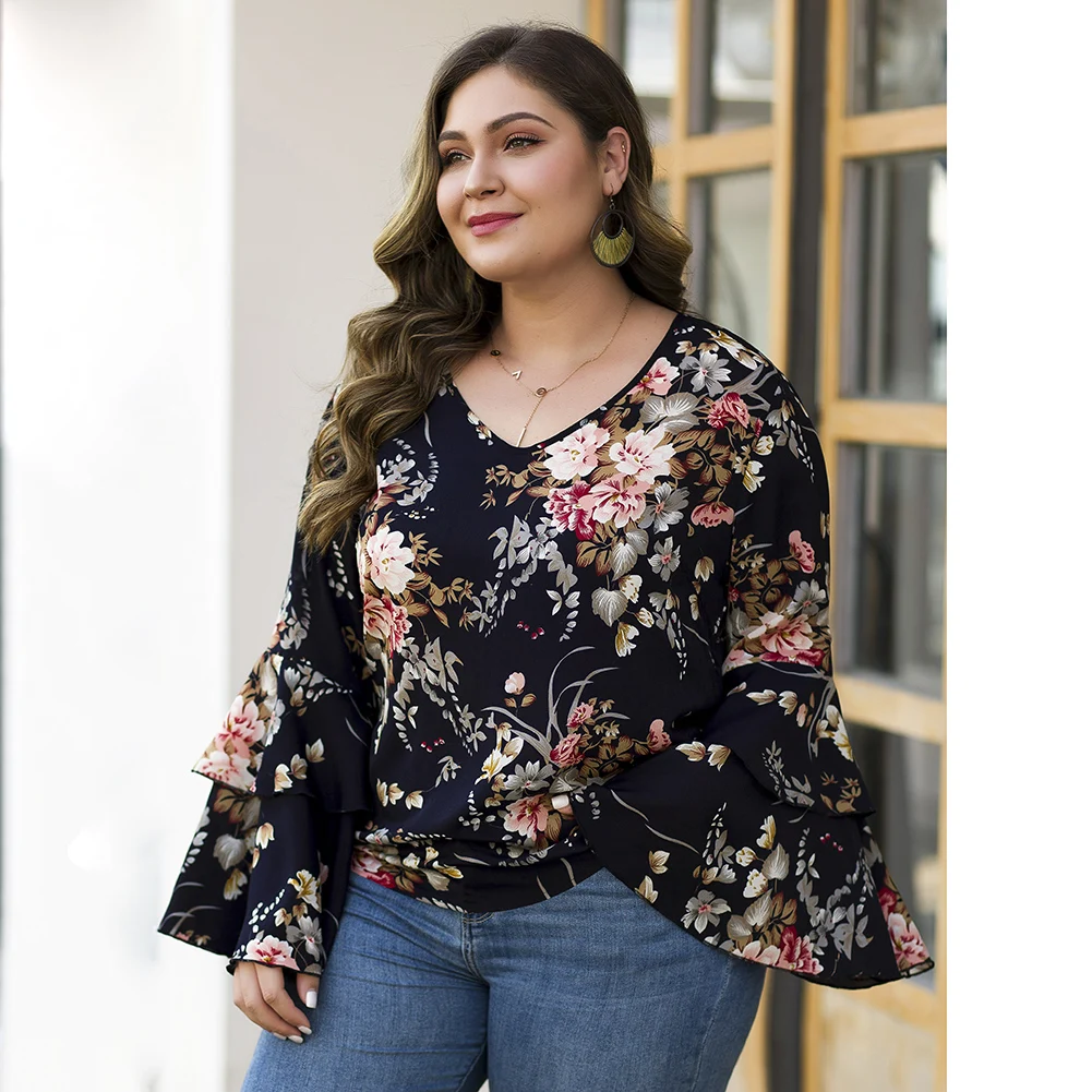 FADZECO блузки размера плюс для женщин цветочные печатные V образным вырезом с