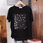 Корейская повседневная футболка женская Лето 2021 г. Новое творчество Аппликации Топы с короткими рукавами в стиле Харадзюку Свободные черные пуловеры с круглым вырезом