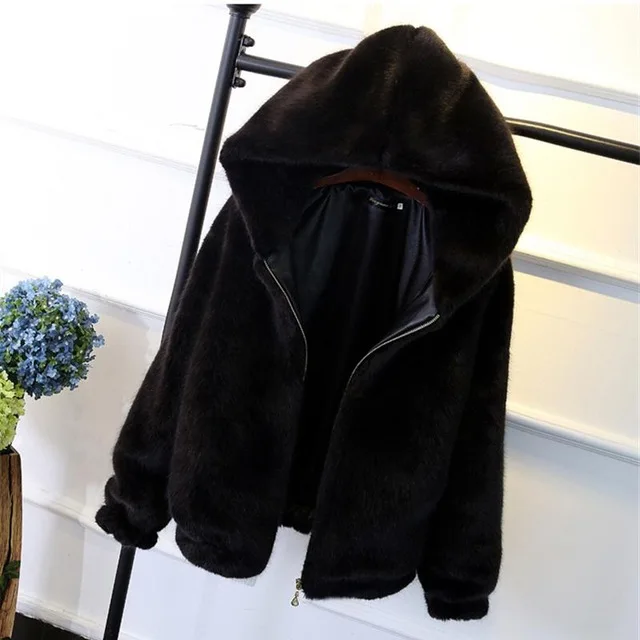 

New winter artificial mink coat ladies casual artificial fur coat imitation rabbit fur hooded jacket pink zipper jacket
