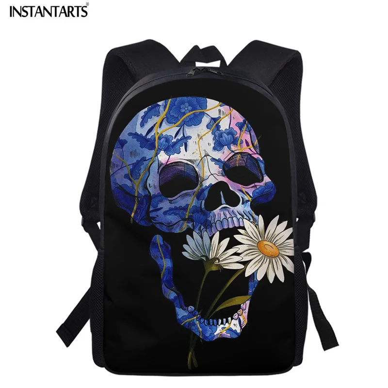 

INSTANTARTS Men School Bags Children Bookbags for Primary School Bags Retro Art Daisy Skull Printed Boys Lightweight Backpack