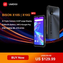 UMIDIGI BISON X10S X10G IP68/IP69K Waterproof Rugged Phone NFC 6.53' HD+ 4GB+64GB 6150mAh Battery Smartphone