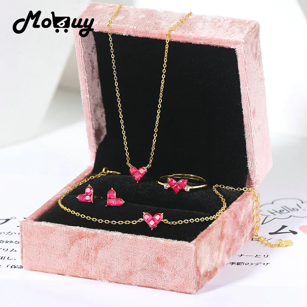 

MoBuy 925 Silver Jewelry Set For Women Sweety Heart Synthetic Corundum 14K Gold Plated Fine Jewelry Korea Style V096