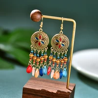 ethnic retro flower boho jewelry turkish jhumka earrings womens vintage turkey wood beaded tassel earrings bijoux