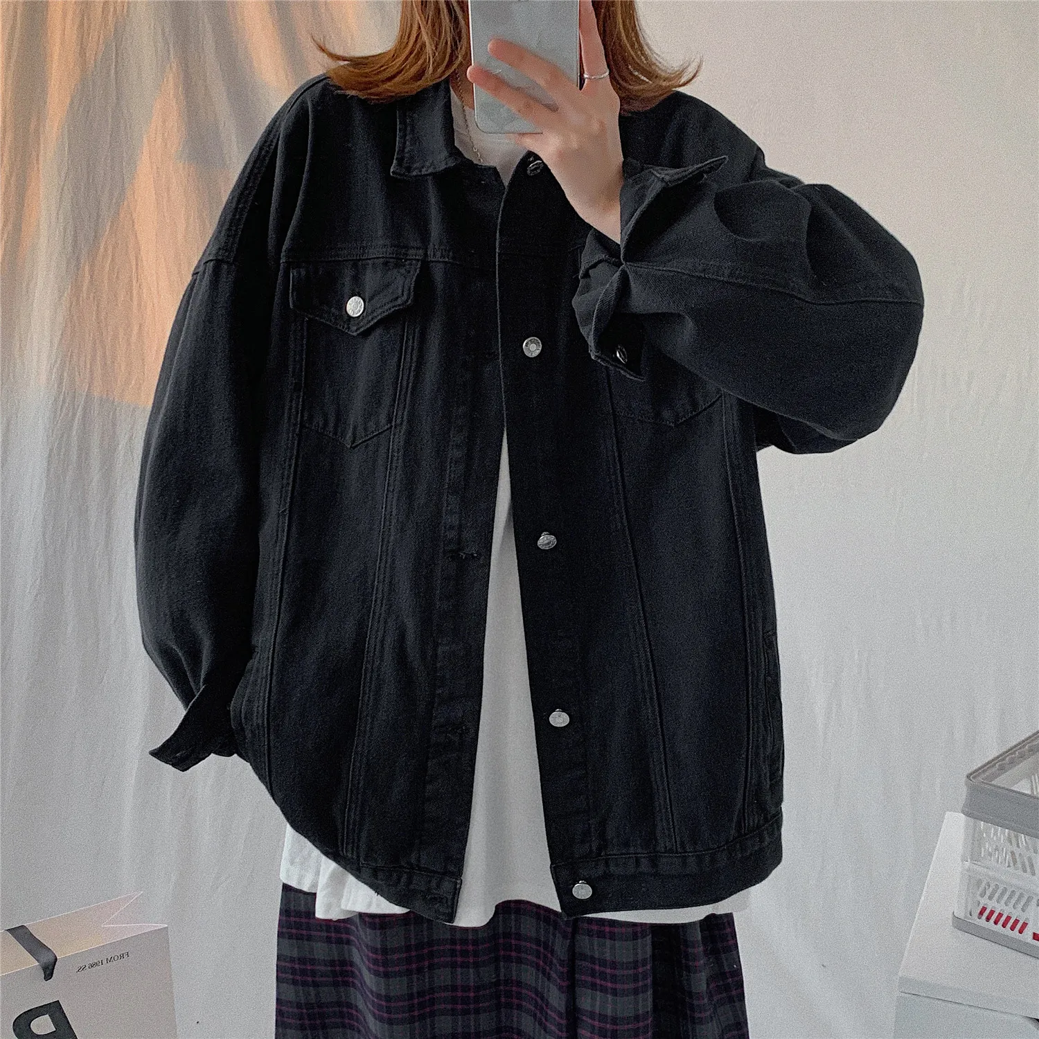 

2021 Casual Oversize Jacket Women Pocket Loose Turn-down Collar Blue Casual Coat Women