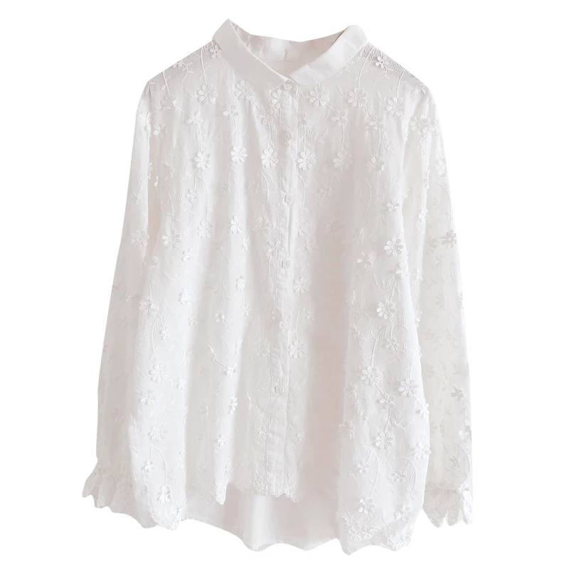

Lamtrip Unique Peter Pan Collar Shirt Long Sleeve 3D Flowers Stitch White Blouse Female Kawaii Top