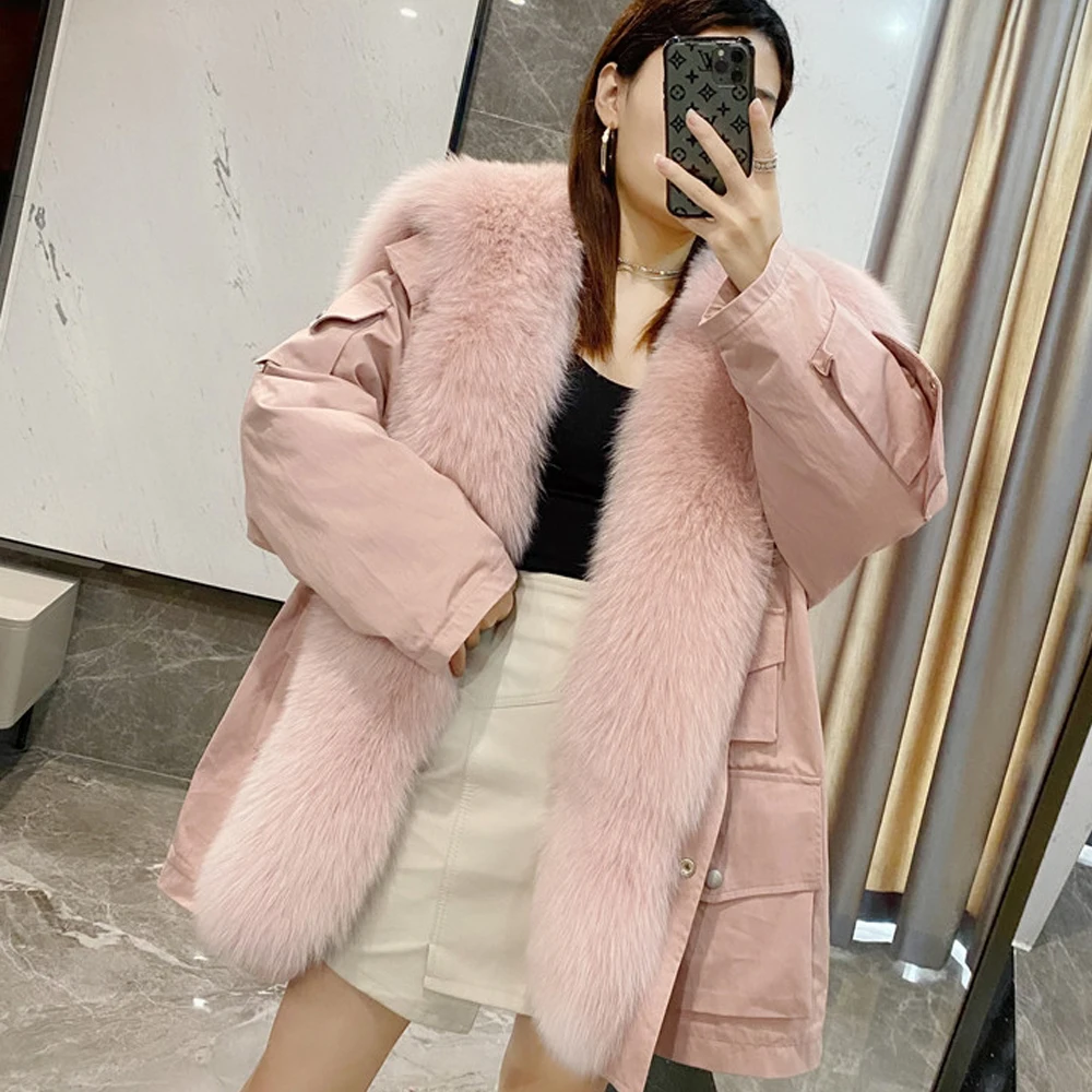 

2020Women Real Fox Fur Liner Coat Medium Parkas Navy collar Antumn/winter Streetwear