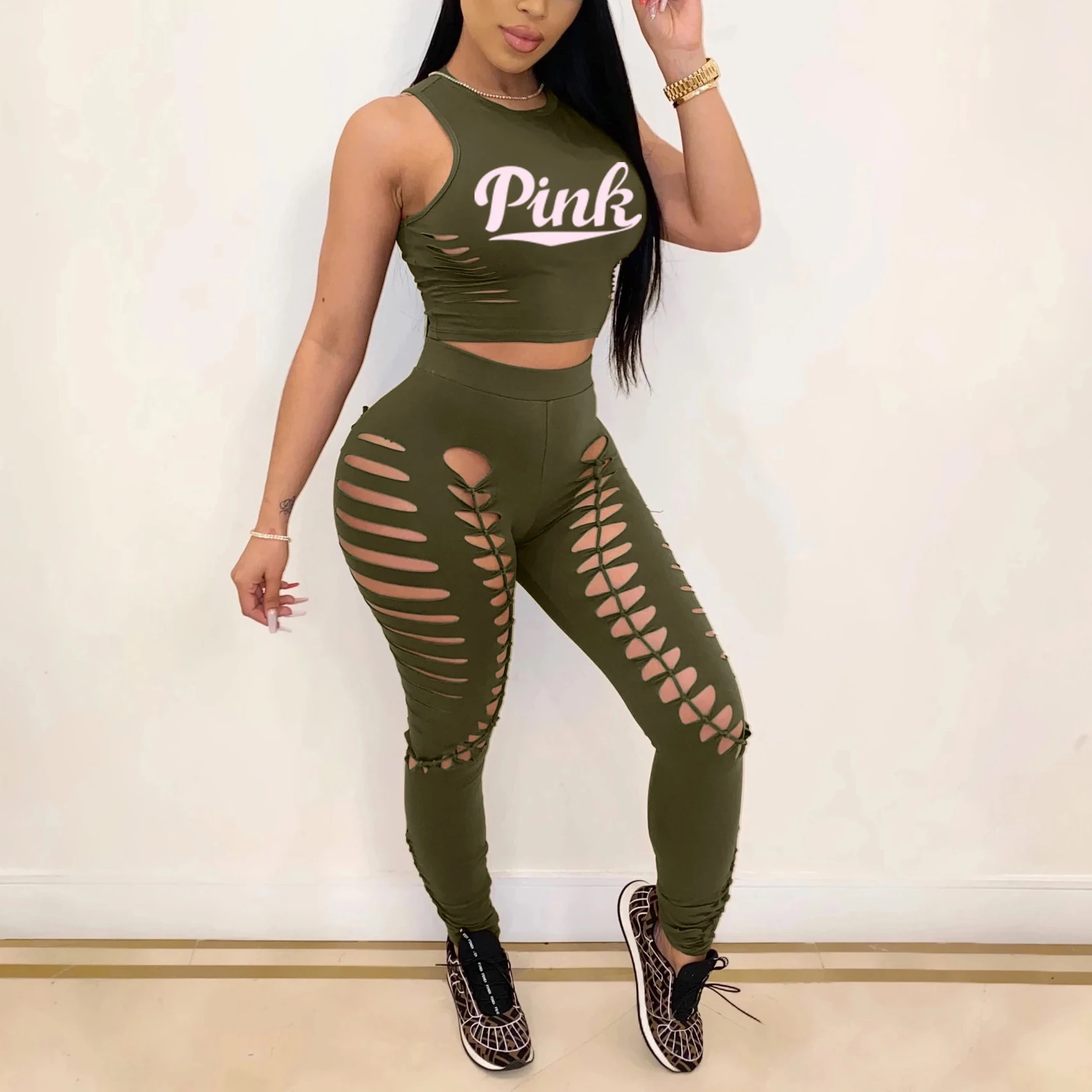 

Women Casual Set Pink Letters Sleeveless Ripped Trousers Two-piece Suit Matching Set Stretchy Sporty Fitness Casual Outfits