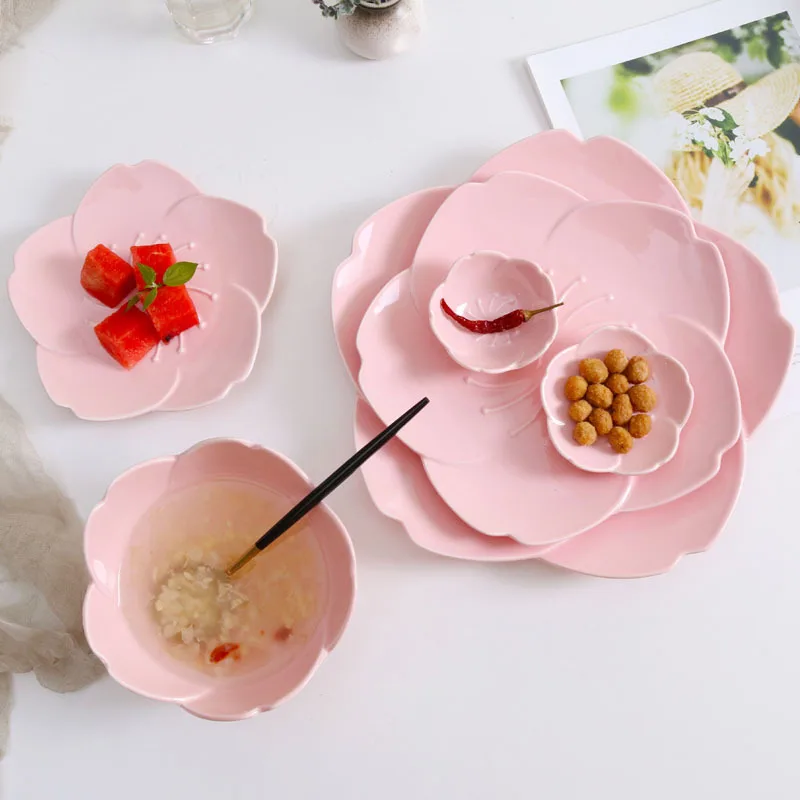 

Japanese Style Ceramic Dinnerware Set Flower Shape Plate Dish Dessert Tray Sakura Dinner Bowls Tableware Set Kitchen Tableware