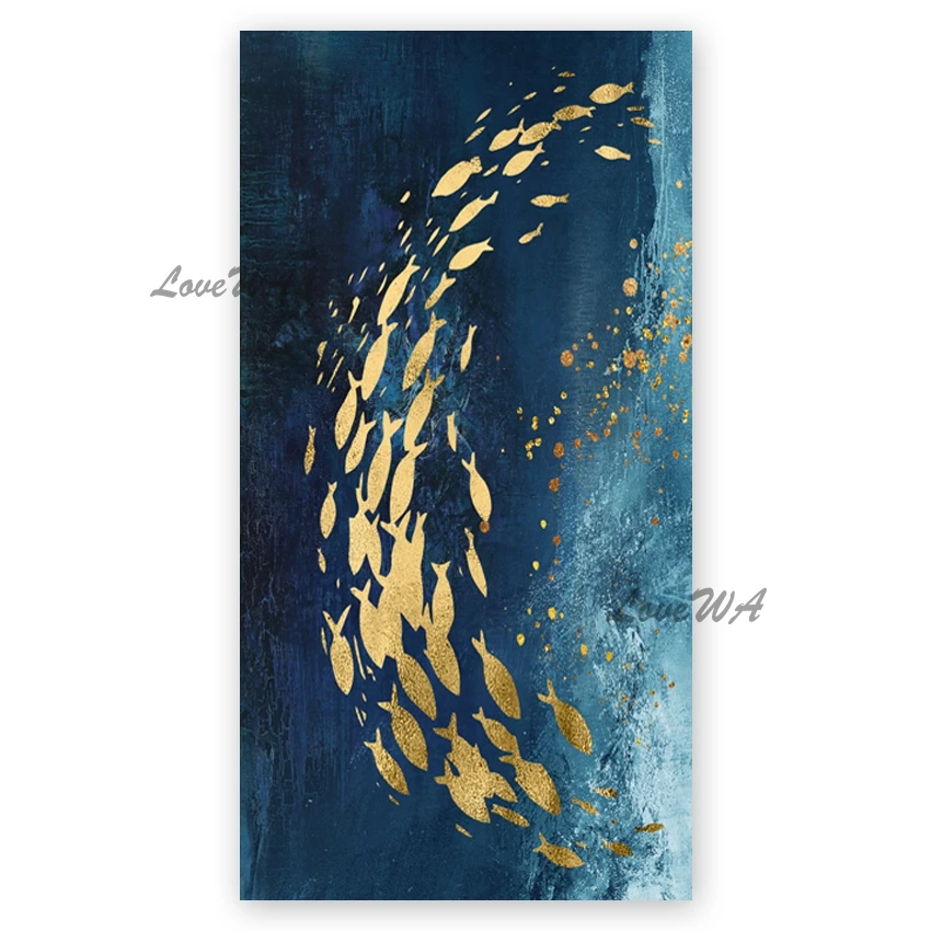 

100% Hand-painted Gold Foil Fish Oil Painting Canvas Picture Art Free Shipping Living Room Decor Canvas Wall Art Pieces Artwork