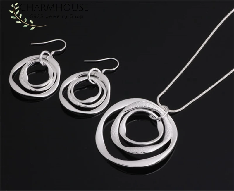 Серебро 925 набор украшений для женщин круглые круги кулон ожерелье серьги 2 шт