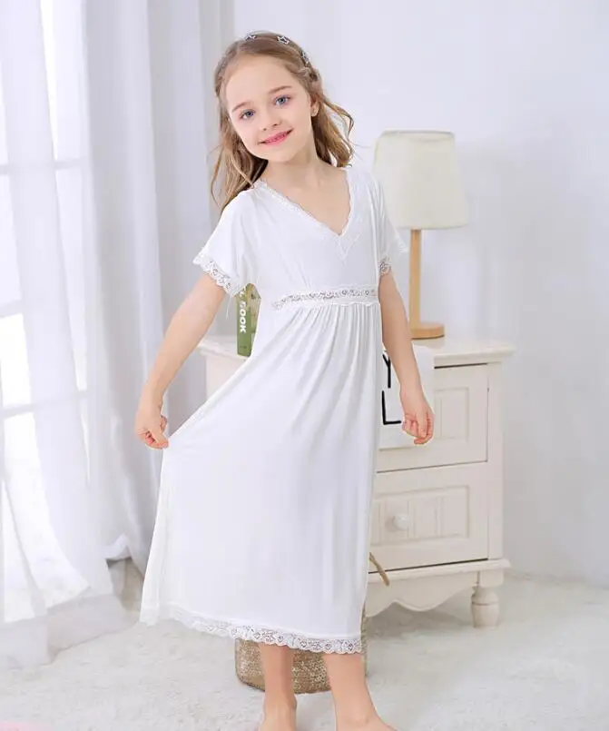 Летняя кружевная ночная рубашка для девочек белая хлопковая мягкая длинная