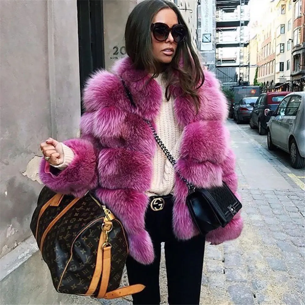 purple 60 60 см новая теплая шуба из натурального Лисьего меха женская зимняя Толстая Шуба из натурального Лисьего меха Меховая куртка верхняя одежда женский Дамский стоячий воротник жакет из меха - Цвет: purple 60