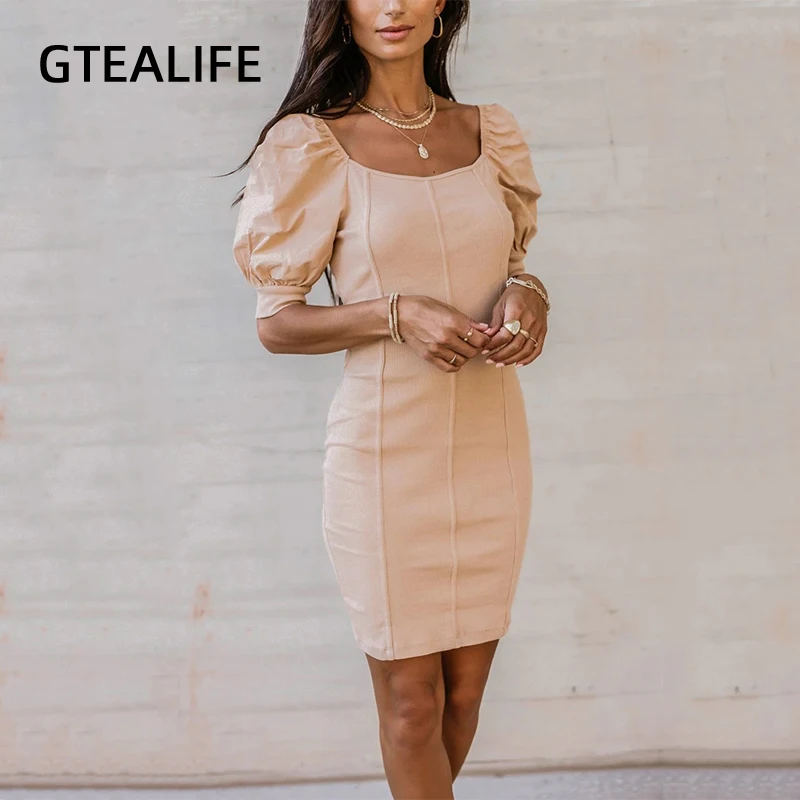 

Женское облегающее платье GTEALIFE, элегантное офисное платье с коротким рукавом и буффами, повседневные однотонные Вечерние Платья-мини на ве...