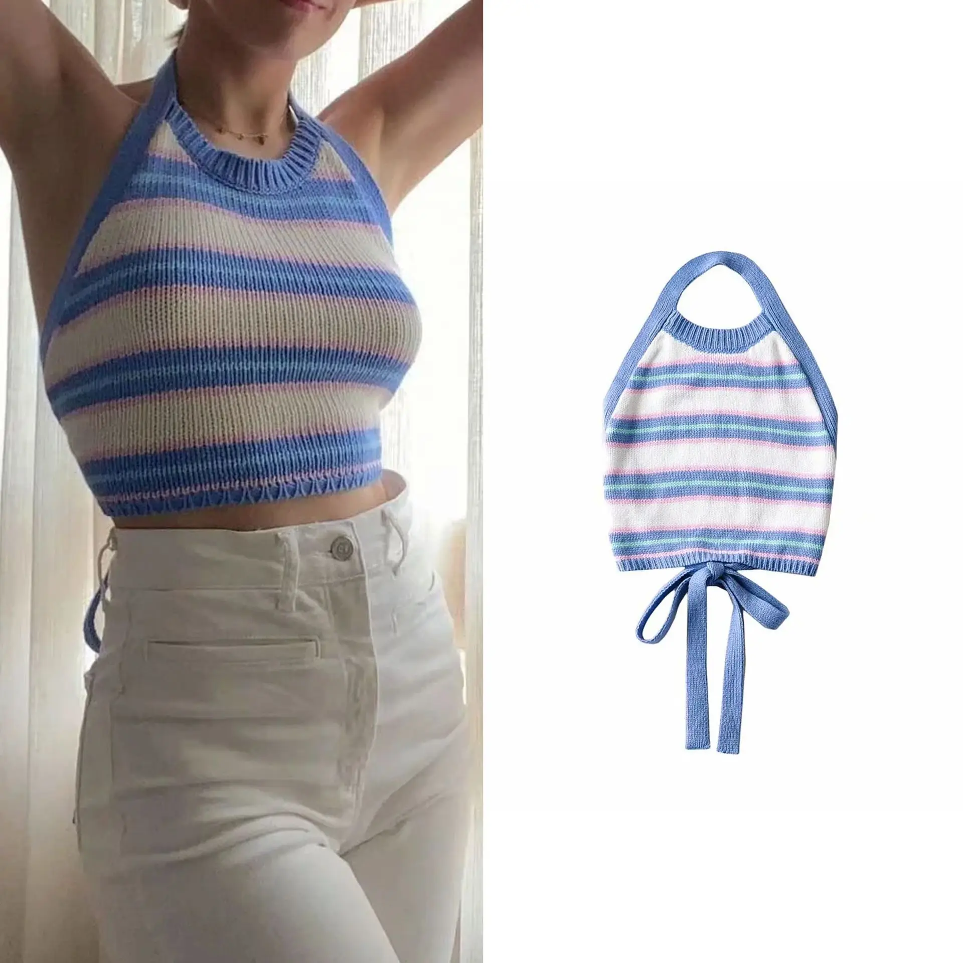 

American Sexy Style Knitted Stripe Contrast Color Hanging Neck Small Suspender Summer Women's Slim Back Bow Top Dlsy2330
