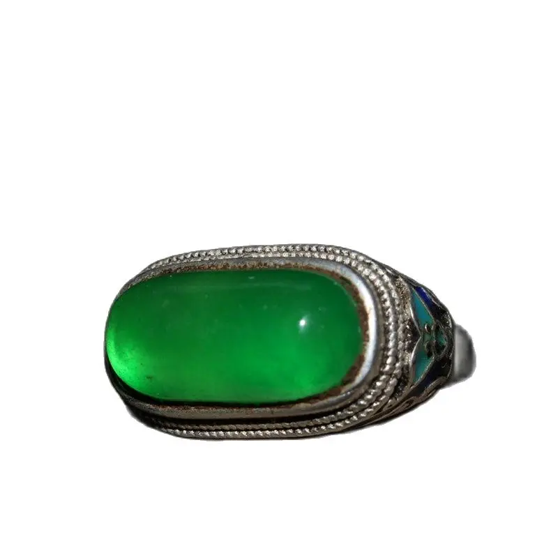 

China Old Tibetan Silver Cloisonne Jade Inlaid Rectangular Ring