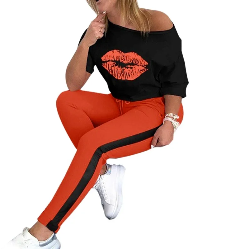 

Women Print Tracksuit Sets Lady 2021 Summer Sexy Shoulder 2pcs Set Fashion Blouse Elastic Waist Long Pants Sets