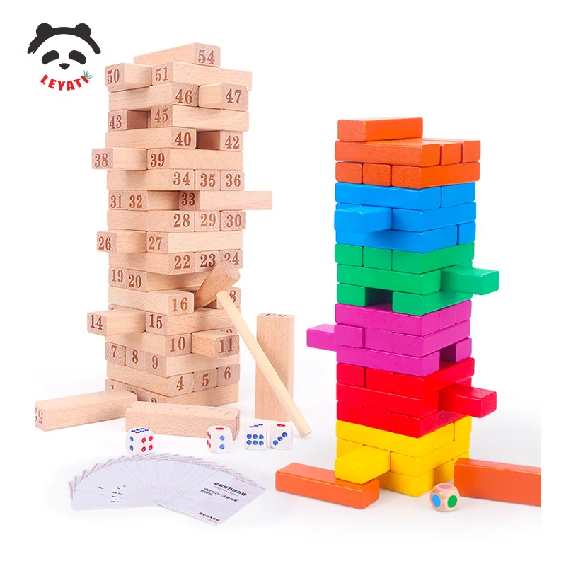 

51 Pieces Log-coloured Digital Children's Stacked Building Blocks Wooden Tumbling Tower Game with Storage Box Montessori Toys
