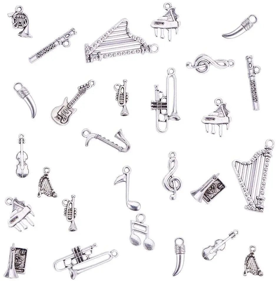 

90PCS 15 Style Music Charms Tibetan Musical Instrument Notes Symbols Charms Piano Violin Beads Pendants for DIY Bracelet