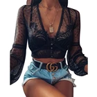 Женские черные сетчатые Прозрачные топы и блузки, рубашки, кружевные топы с длинным рукавом-колоколом, ажурная блузка, элегантные женские блузки